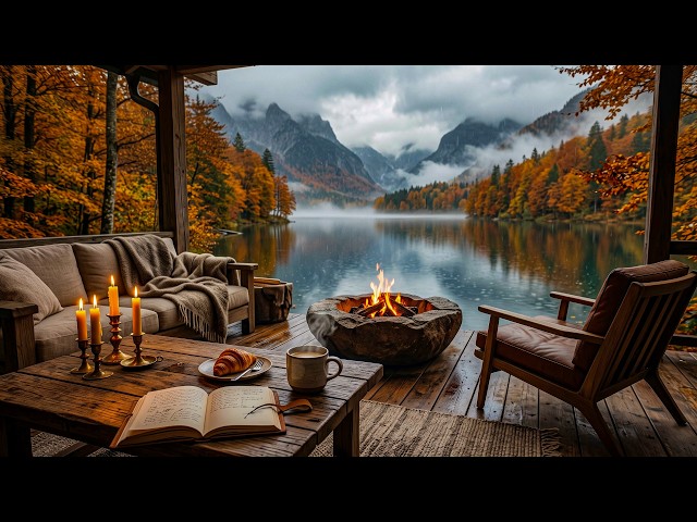 Your Secret Autumn Escape 🍂☕ Fireplace, Mountain Lake & Relaxing Jazz 🌧️ Rainy Day Jazz