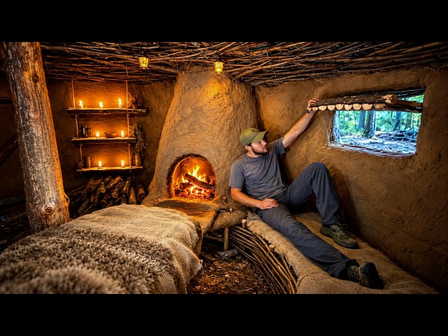 Building a Warm and Cozy forest House with a clay stove. Log cabin. Survival, Bushcraft Shelter
