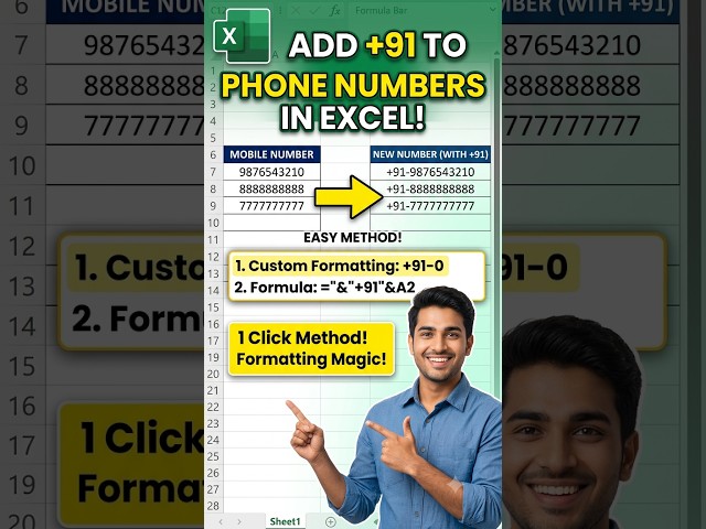 Add +91 to Phone Numbers in Excel in 5 Seconds #shorts#excel#exceltips #exceltricks#compeduknowledge
