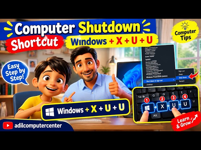 Windows + X + U + U 🔥 Computer Shutdown Shortcut Key | Easy Computer Tips for Beginners