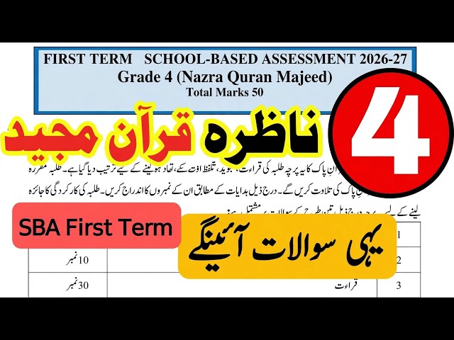 Class 4 Nazra Quran Paper 1st term 2026 SBA 4th Class ka Nazra Quran ka paper first term 2026