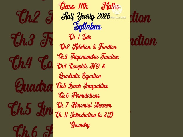 Class 11th Math Syllabus September Exam 2026|Math Paper Syllabus Half Yearly Sept. 2026 Class 11th|