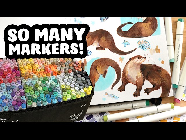Drawing a page of Otters in my Sketchbook!(& Unboxing Ohuhu Honolulu 320)
