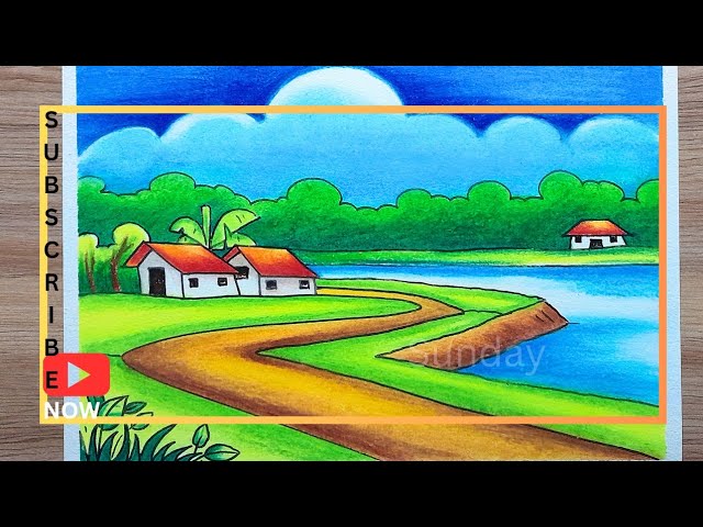 River side scenery drawing/How to draw a beautiful village/গ্রামের দৃশ্য আঁকা ও রং করা