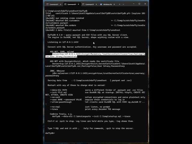 DaffyDB - T-SQL-SSMS against Parquet or CSV Files in 10 seconds.