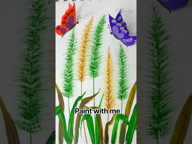 Easy Fan Brush Grass Painting with Butterflies | Acrylic Painting Tutorial #shorts