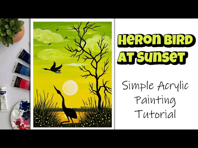 Simple Acrylic Painting Tutorial | Heron Bird at Sunset | Step by Step