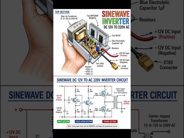 How to Make a 220V Inverter Using Only 2 MOSFETs |Most Simple 12V to 220V Sine Wave Inverter Circuit