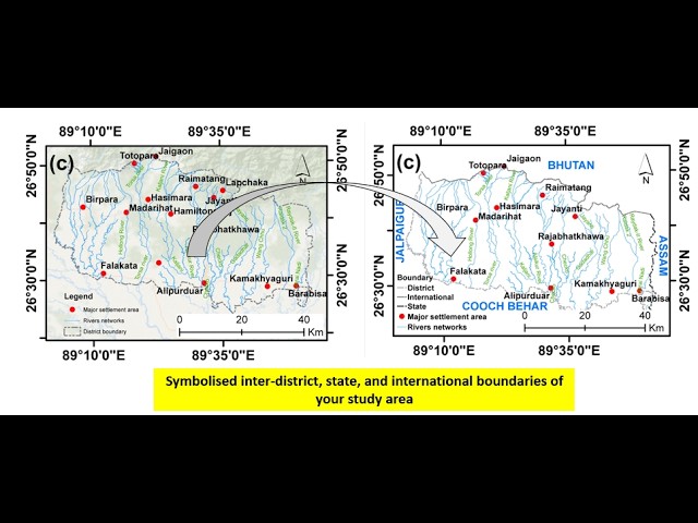 Symbolised inter-district, state, and international boundaries of your study area