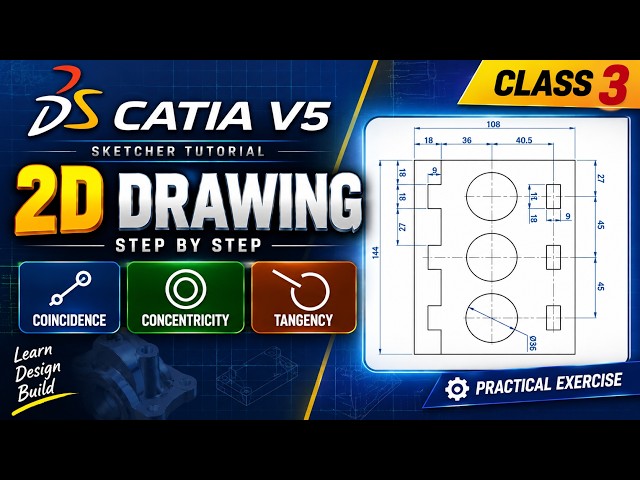 CATIA V5 2D Sketch Tutorial  | Class 3 | Coincidence, Concentricity & Tangency
