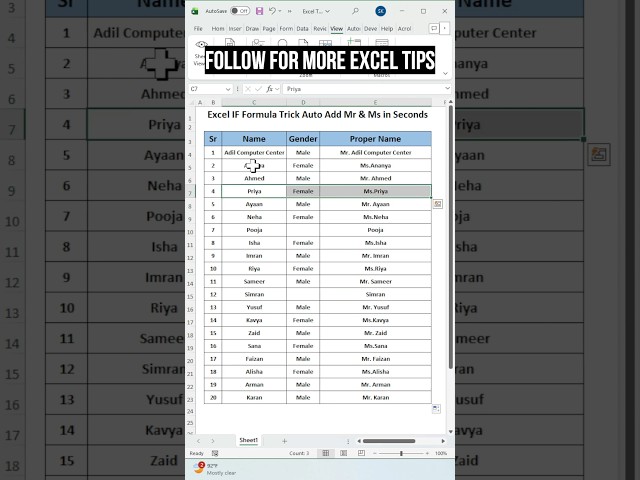 Excel IF Formula Trick 🤯 Auto Add Mr & Ms in Seconds #excel #exceltips #exceltips #spreadsheetmagic