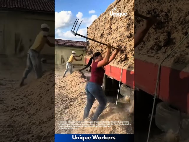 Agricultural Logistics: Worker Using Pitchfork to Unload Biomass from Truck Bed