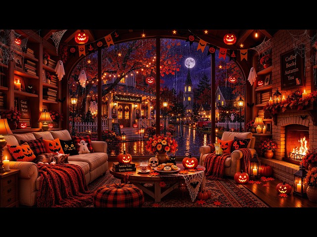 When Autumn Rain Falls on a Halloween Village🎃 Halloween Café Jazz & Fireplace Glow for Quiet Nights