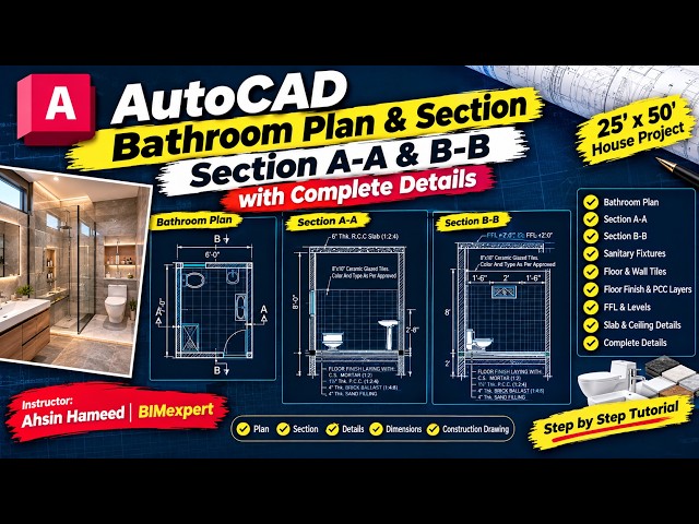 AutoCAD Bathroom Plan & Section | Section A-A & B-B with Complete Details| House Project | BIMexpert