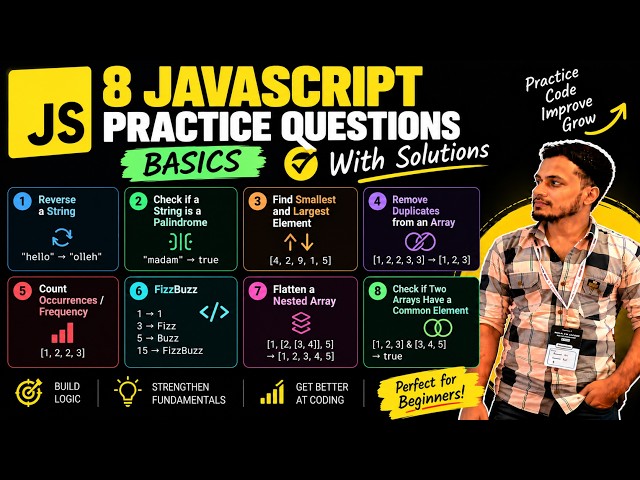 8 JavaScript Practice Questions | Basics | Solutions | Beginner Coding
