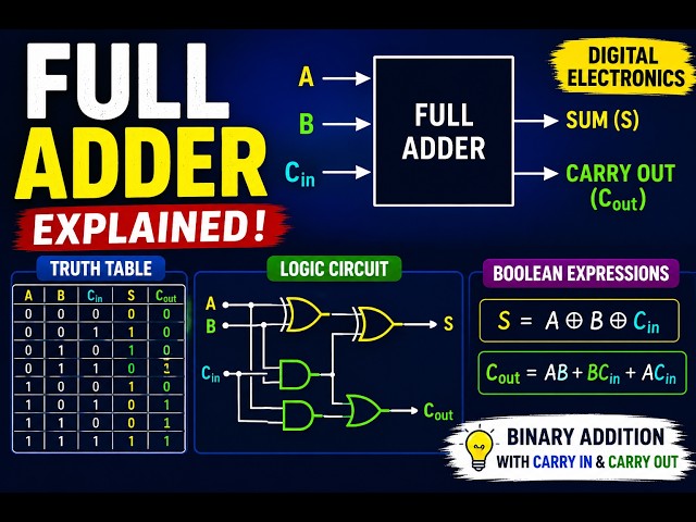Full Adder Explained | Truth Table, Logic Circuit & Boolean Expression | Digital Electronics