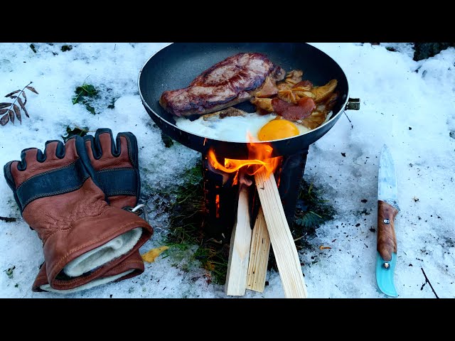Bushcraft Cook Up in the Snow | Steak and Wild Mushrooms on the Wood Stove