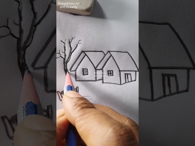 How to Draw a Simple Village Scenery with Pencil | Easy Village House Pencil Sketch