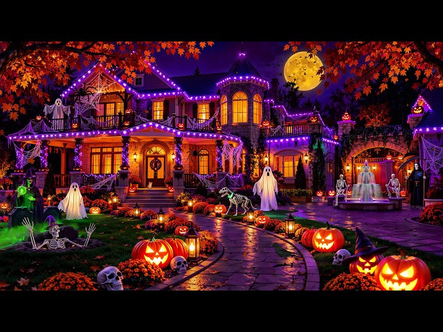 Walking Up to a Haunted House on Halloween Night 🎃 Spooky Fall Jazz, Pumpkin Lights & Autumn Magic