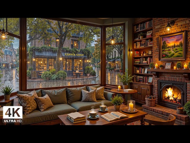 Cozy Rain March in Coffee Shop ☕ Gentle Jazz With Fireplace Ambience For Positive, Relieve Stress