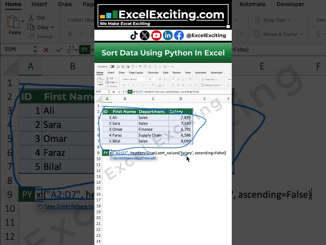 Excel Trick# 32 – Sort Data by Salary Using Python in Excel