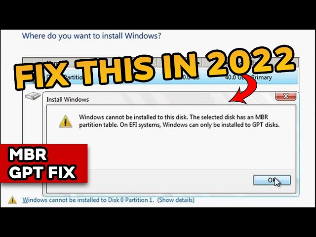 Fix windows cannot be installed to this disk. The selected disk is of the GPT partition style 2022