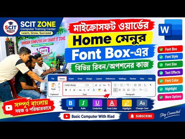 📝 মাইক্রোসফট ওয়ার্ডের Home মেনুর Font Box-এর বিভিন্ন অপশনের/রিবনের কাজ। 