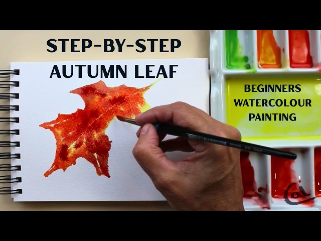 Step-by-step beginners watercolour painting: Autumn leaf, painting wet in wet.