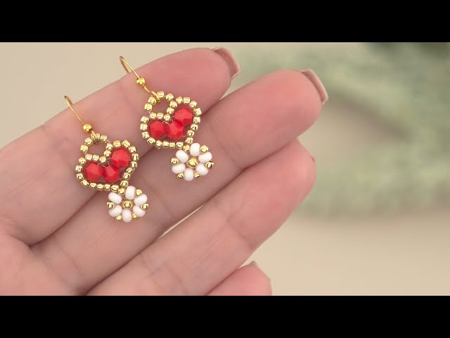 Beaded Heart Daisy Flower Drop Earrings Beading Tutorial | DIY | Crystal & Seed Bead Jewelry Design!