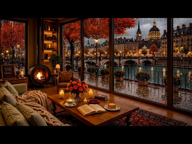 Rainy Autumn LonDon City Jazz Café ☕Gentle Piano Jazz with Focus Rain & Fireplace Sounds Deep Night