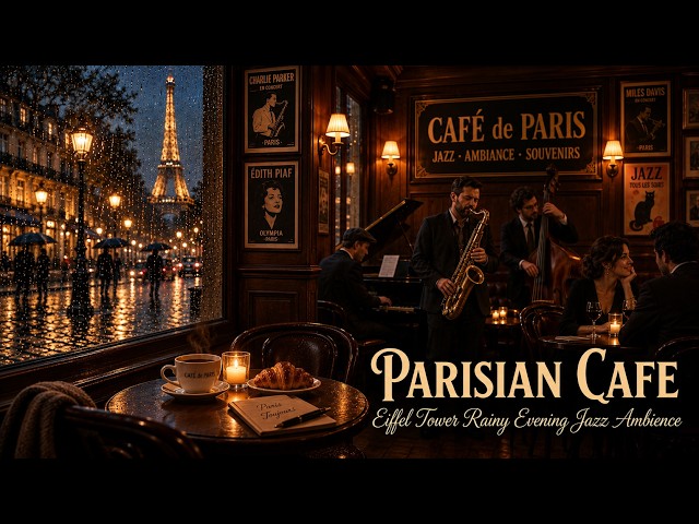 Relaxing Jazz Café in Paris | Eiffel Tower Rainy Evening Jazz Ambience with Cozy Coffee Shop Vibes