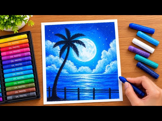 Easy moonlight night sky oil pastel painting for beginners #painting
