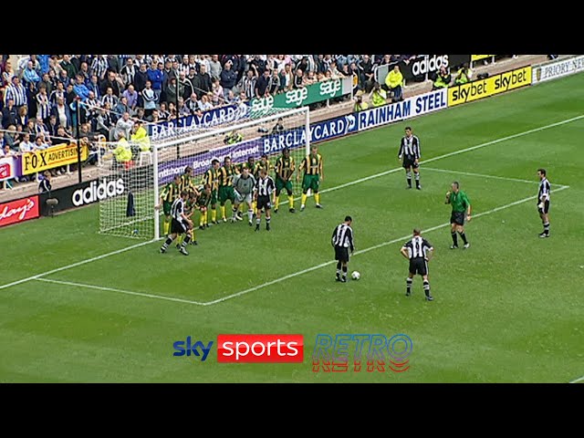 Alan Shearer scores from an indirect free-kick with every player standing on the line
