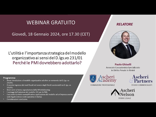 Webinar: The usefulness and strategic importance of the organizational model pursuant to Legislat...