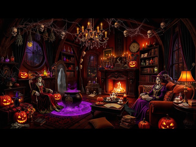🔮🎃 Magic Witch’s House Halloween Ambience ⛈️ Best Halloween Jazz 2026 & Fireplace Sounds, Heavy Rain