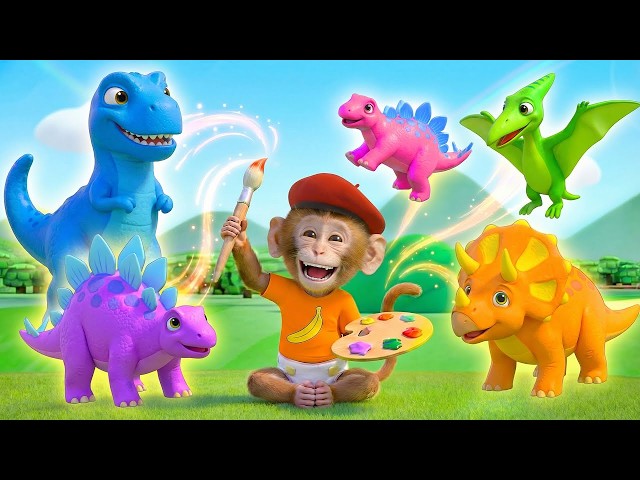 Color Painting Dinos Song | Learn To Draw With Colors | Nursery Rhymes & RooRoo Monkey Kids Songs