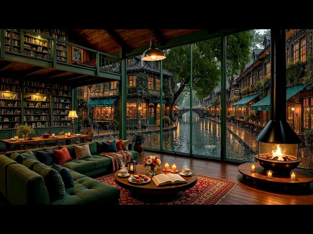 Enjoy a Cup of Coffee on Rainy at a Lake European Café☕Gentle Jazz Music & Fireplace Sound for Relax