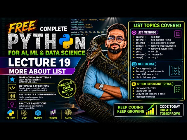 Python List Methods & Nested List in Python | Lecture 19 | Complete Python Course for AI, ML & Data