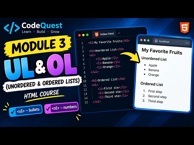 Learn how to use HTML unordered lists (ul) and ordered lists (ol)