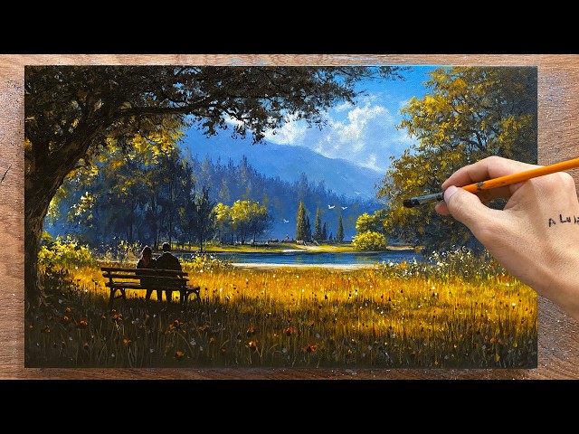How to paint landscape /#162/ The couple is sitting and relaxing in the shade / Acrylic painting.