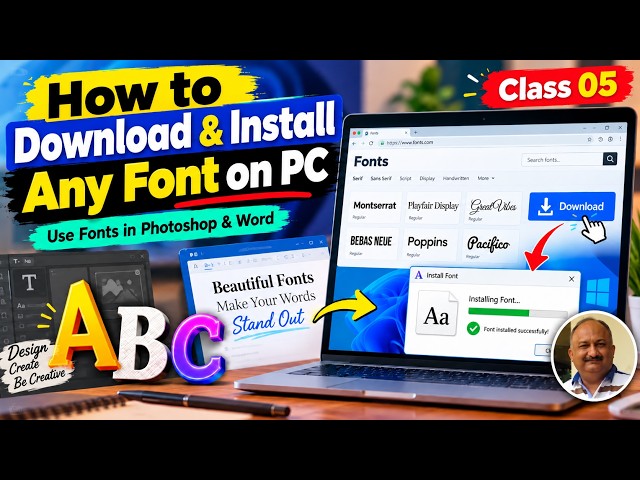 Free Website for Fonts | How to Download & Install in Windows | Photoshop Tutorial | class 05