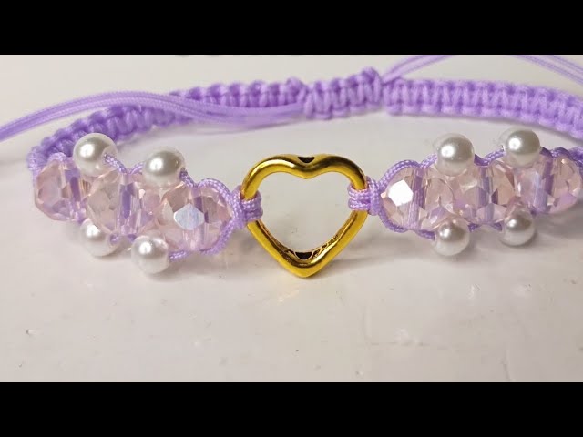 Flat knot bracelet with pearls and crystals #threadbracelets #jewelrymaking