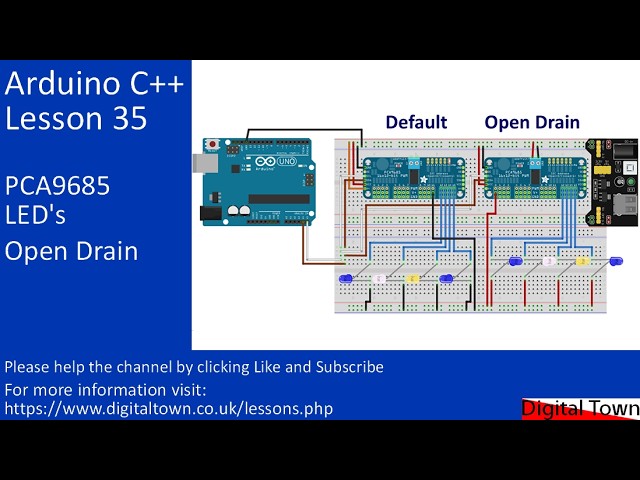 #216 Arduino C++ Lesson36 PCA9685 with LED's using Open Drain Mode