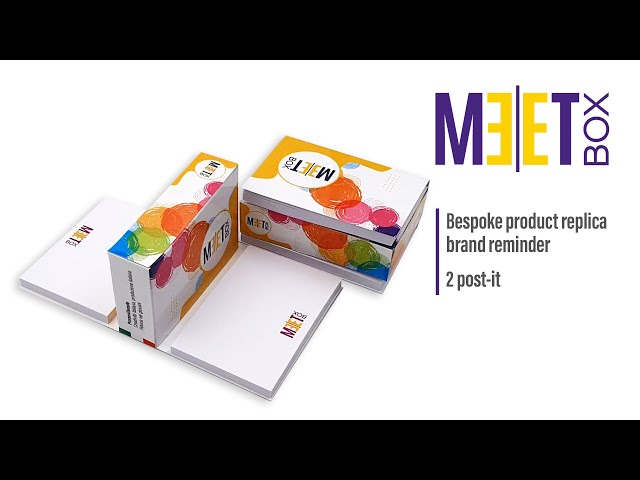 Meet Box and Meet Box Maxi - 2 post-it notes with a cardboard case. Bespoke product replica.