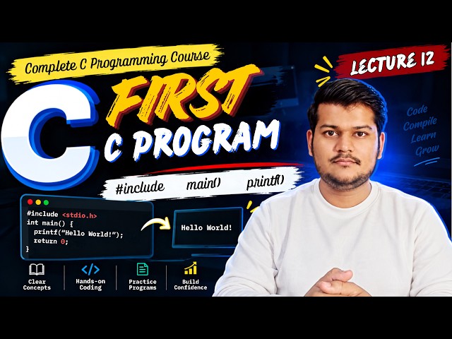 First C Program Explained | #include, main() & printf() | Lecture 12