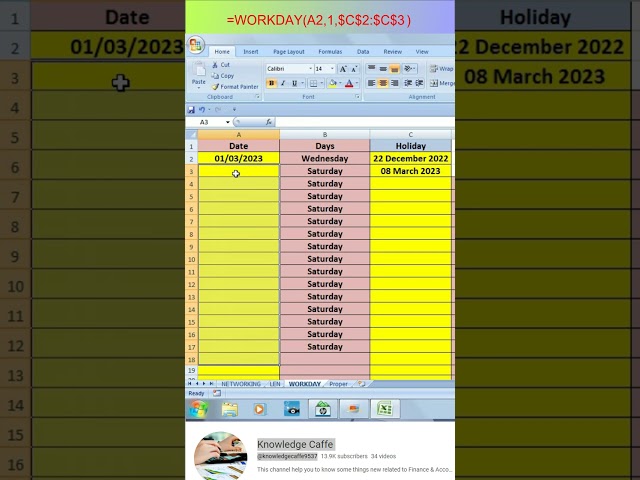 =WORKDAY() Formula Excel Attendance Sheet Exclude Saturday Sunday & Holiday