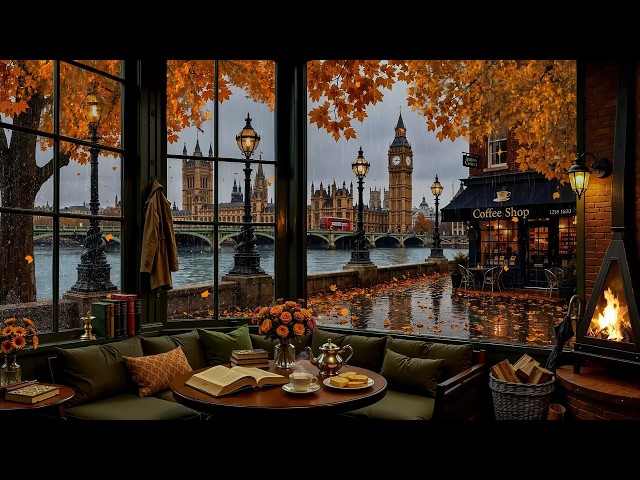 A Secret London Café in Beautiful Autumn Jazz 🍁 Rainy Window, Warm Fireplace & Soft Jazz for Study