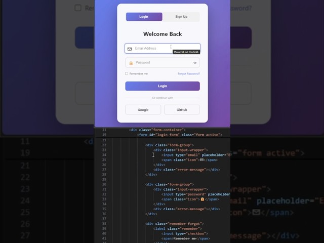 Animated Sign Up & Login Form🔥using HTML, CSS & JavaScript #coding #html#css #webdevelopment#shorts