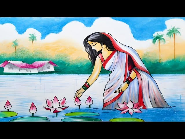 শরৎকালের দৃশ্য ড্রয়িং oil pastel/Autumn scenery drawing/village scenery drawing/scenery drawing