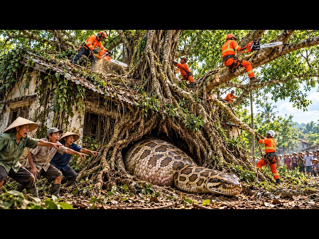 Workers Clearing a 100-Year-Old Tree — Then a Giant Python Crawled Out From Under the Roots!